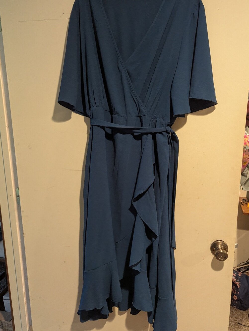 XOXO Teal Wrap Midi Dress with Ruffle Trim